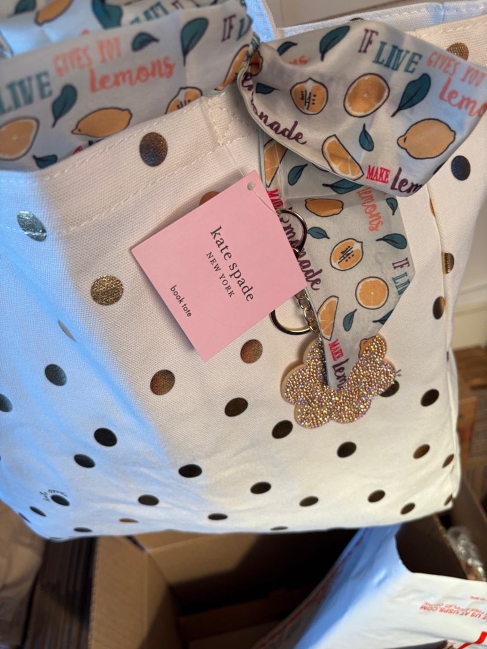 kate spade White Tote with Gold Polka Dots and Charm Scarf - Picture 4 of 5